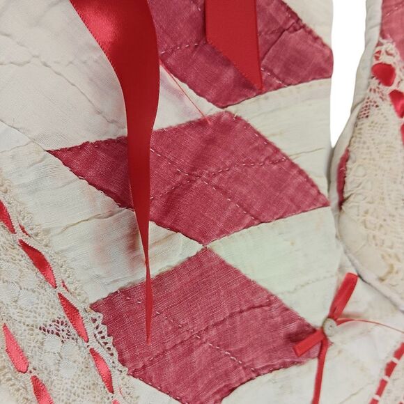 Christmas Stocking Set Vintage Quilt and Lace Two Red Cream Cottage Farmhouse - Picture 5 of 16